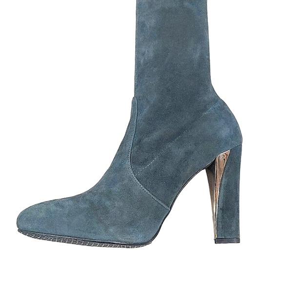 Stuart Weitzman Gray Suede Gold Tone Heeled Boots - Picture 7 of 17